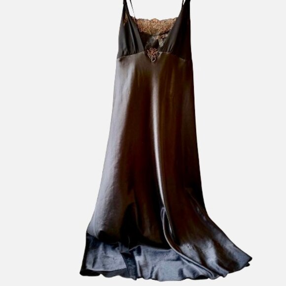 Flora Nikrooz Black Long Nightgown Gown Lace Adjust Strap Sheer Portion Tie sz L - Picture 2 of 16